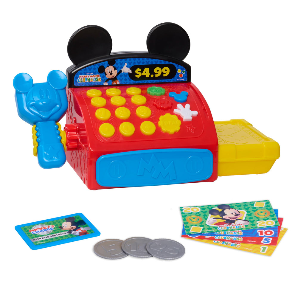 Just Play Disney Jr Mickey Mouse Cash Register with scanner and play money for pretend shopping.