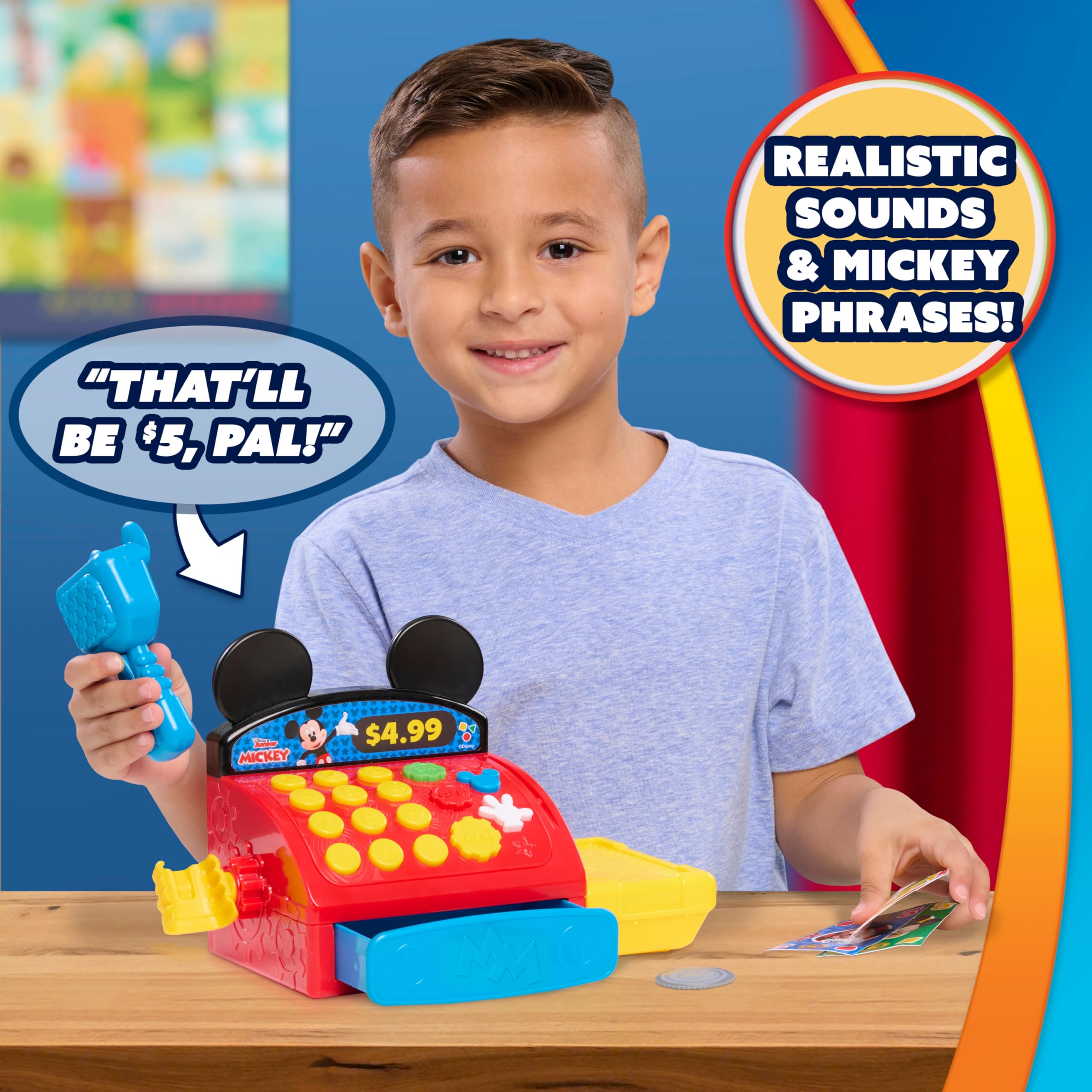 Just Play Mickey Mouse button for cheerful phrases and realistic cash register sounds.