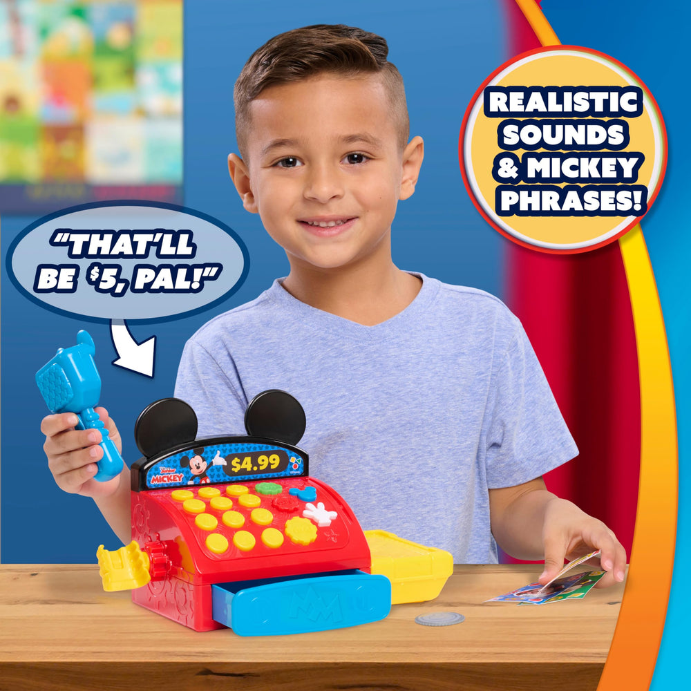 Just Play Mickey Mouse button for cheerful phrases and realistic cash register sounds.