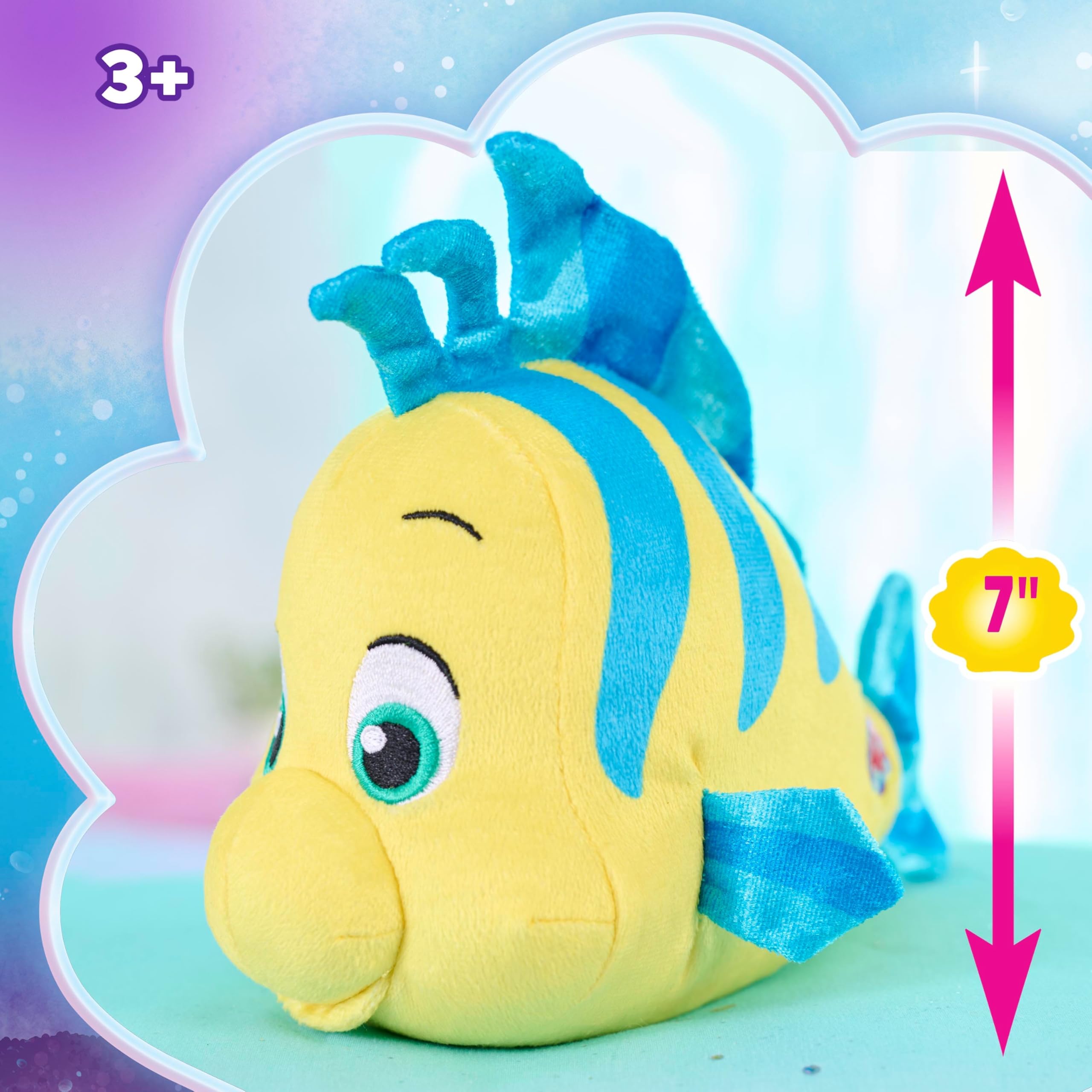 Just Play Ariel Flounder plush back view, soft fabric details.