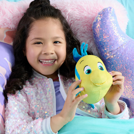 Just Play Ariel Flounder plush side view, ideal for on-the-go play.