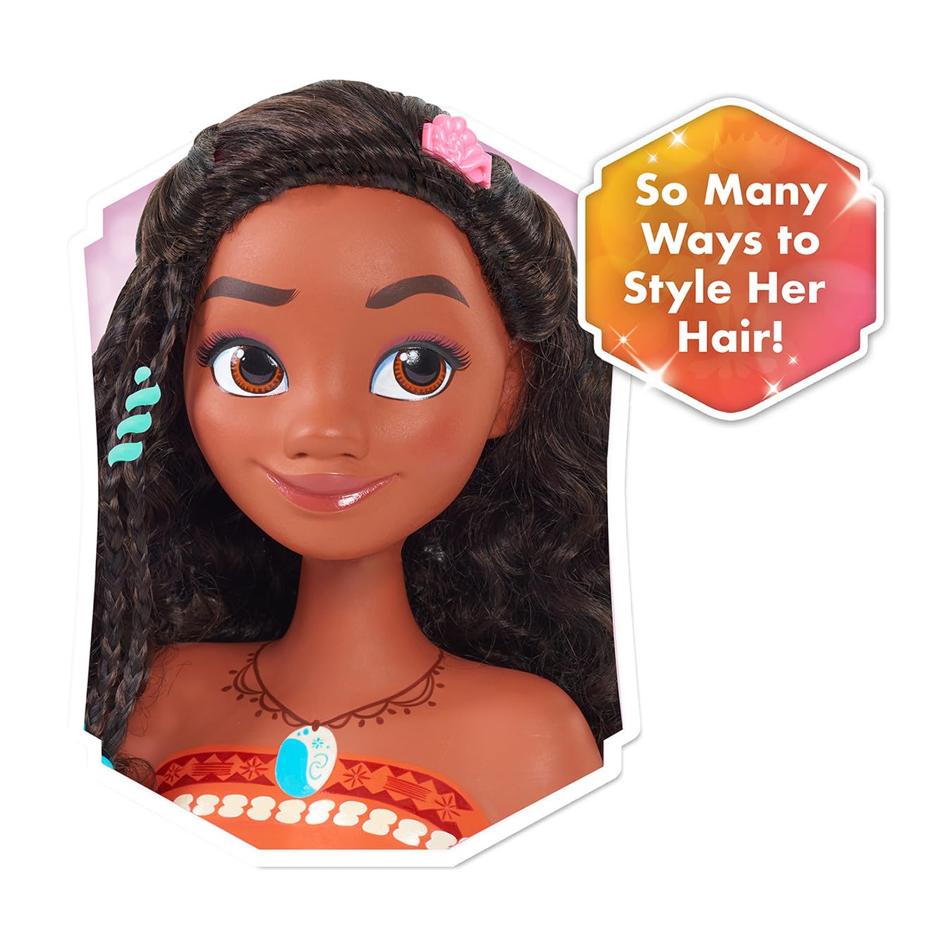 Just Play Disney Moana styling head includes a hair barrette for finishing looks