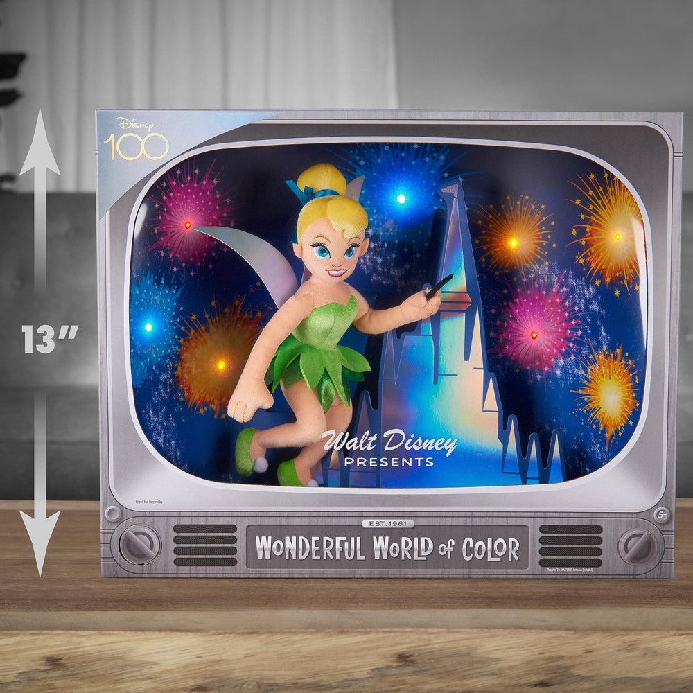 Just Play Disney100 Wonder Box packaging display, vintage TV-inspired diorama on shelf.