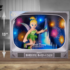 Just Play Disney100 Wonder Box packaging display, vintage TV-inspired diorama on shelf.