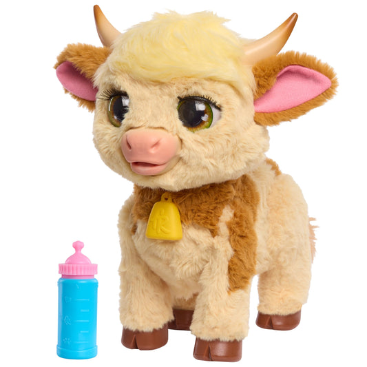 Just Play Maggie feed & follow cow standing; ideal for interactive playtime with kids.