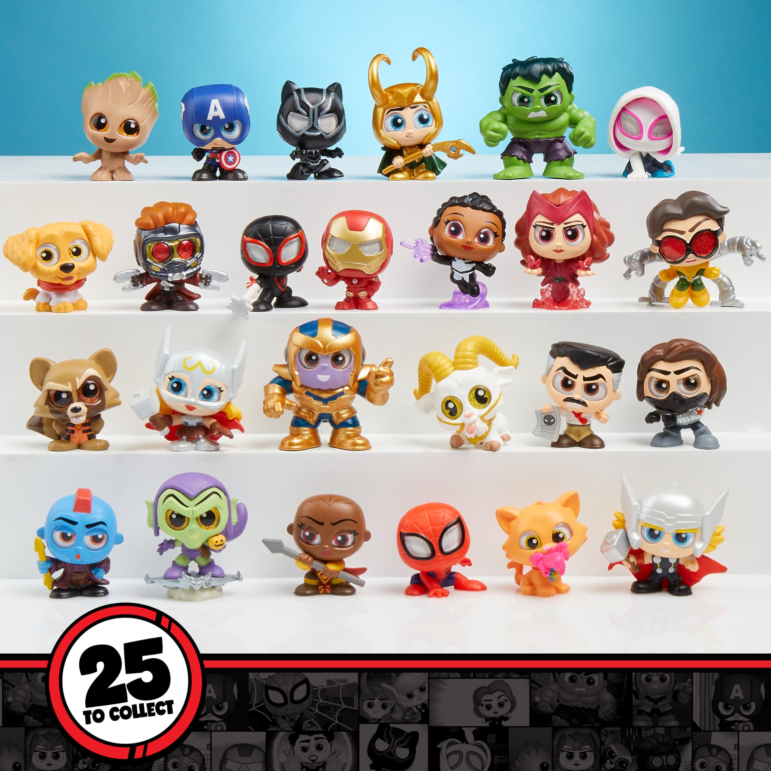 Desk or dorm display setup featuring Marvel Doorables Action Peek capsule