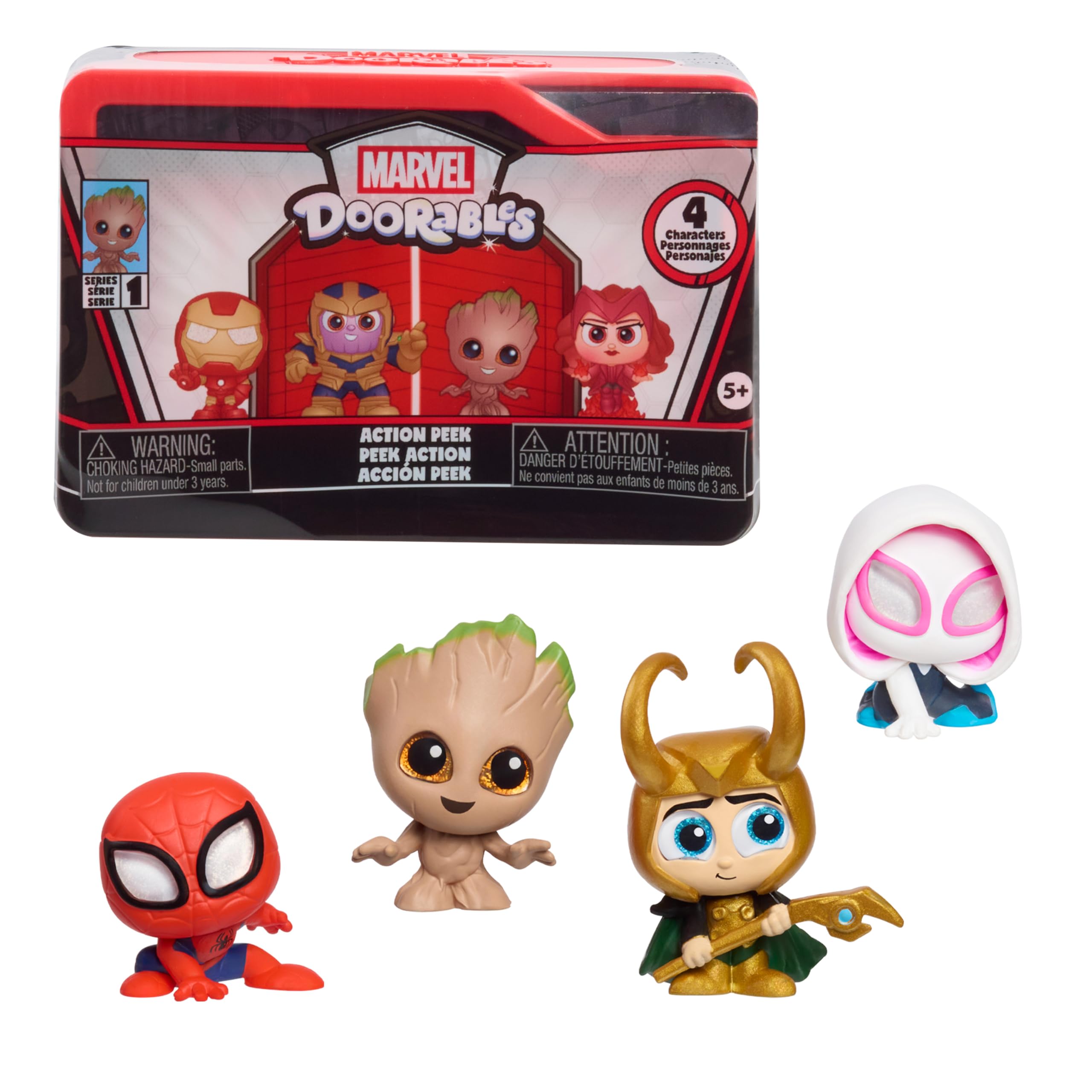 Just Play Marvel Doorables Action Peek Series 1 display capsule with four figures for desk display