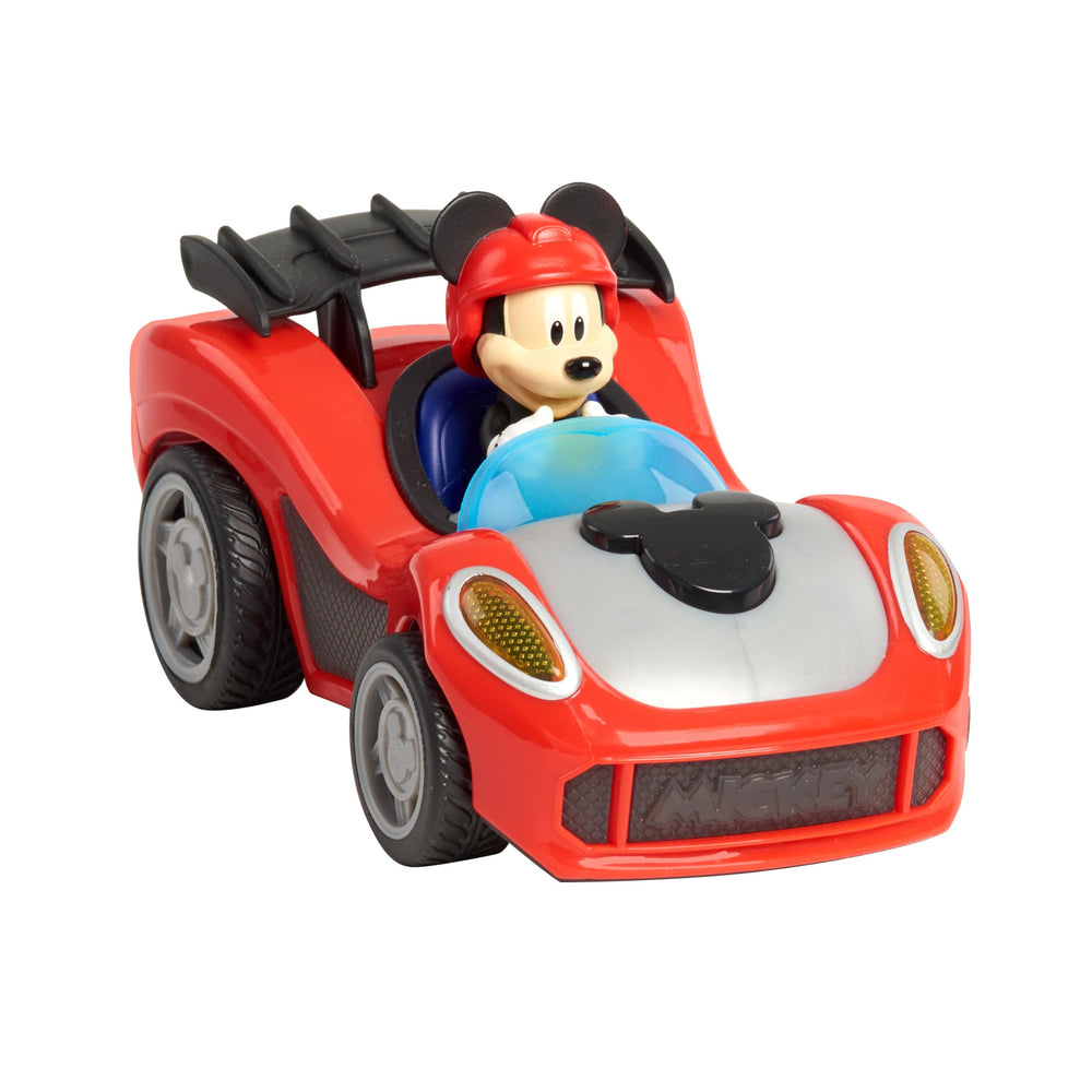 Just Play Mickey Mouse Rev 'n Glow Racer hood button activates lights and phrases for interactive play.