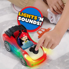 Just Play Mickey Mouse Rev 'n Glow Racer on-the-go action with bright lighting during play.