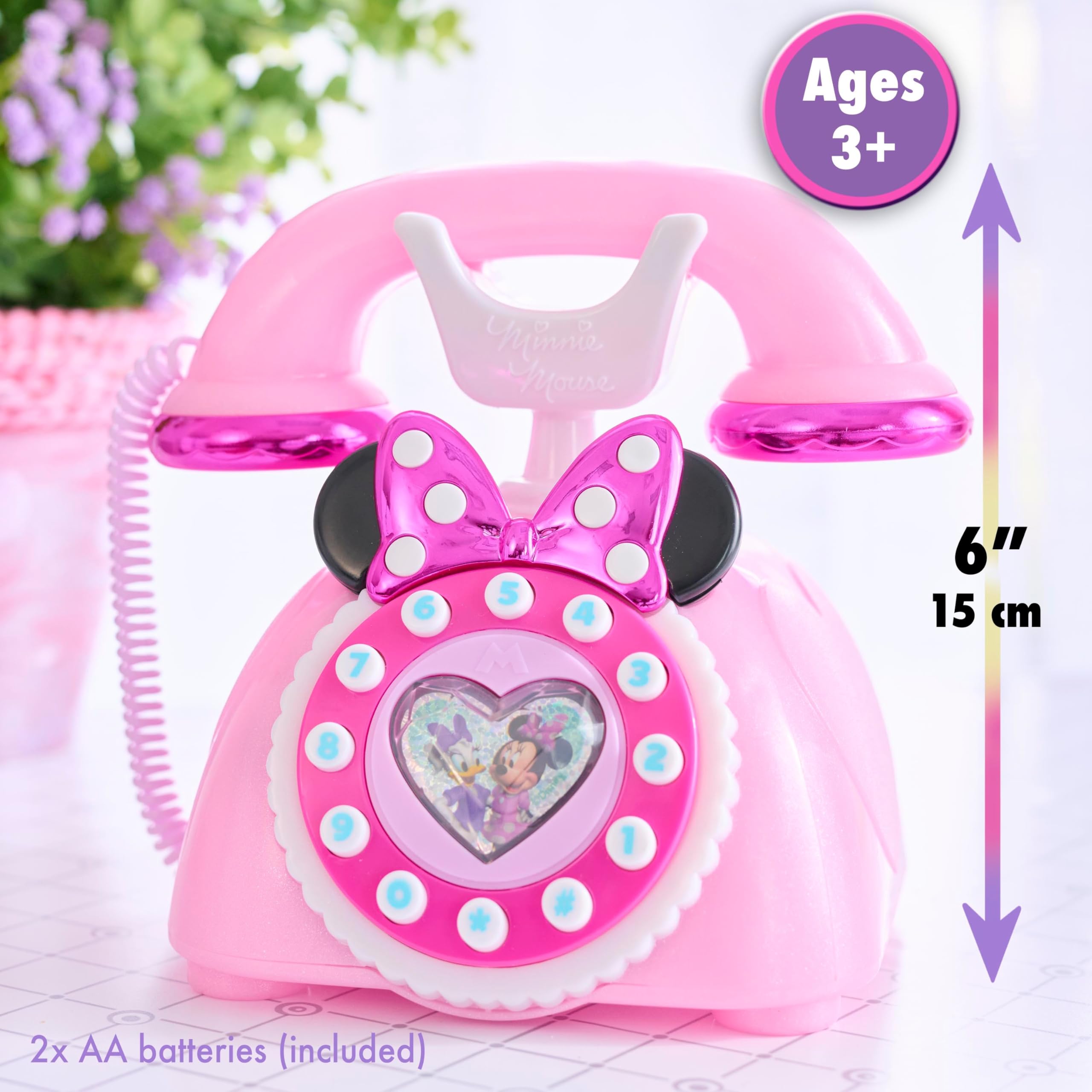 Just Play Minnie Mouse Ring Me Rotary Phone buttons light up for engaging storytelling.