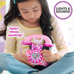 Just Play Minnie Mouse Ring Me Rotary Phone with chrome accents and bow for retro charm.