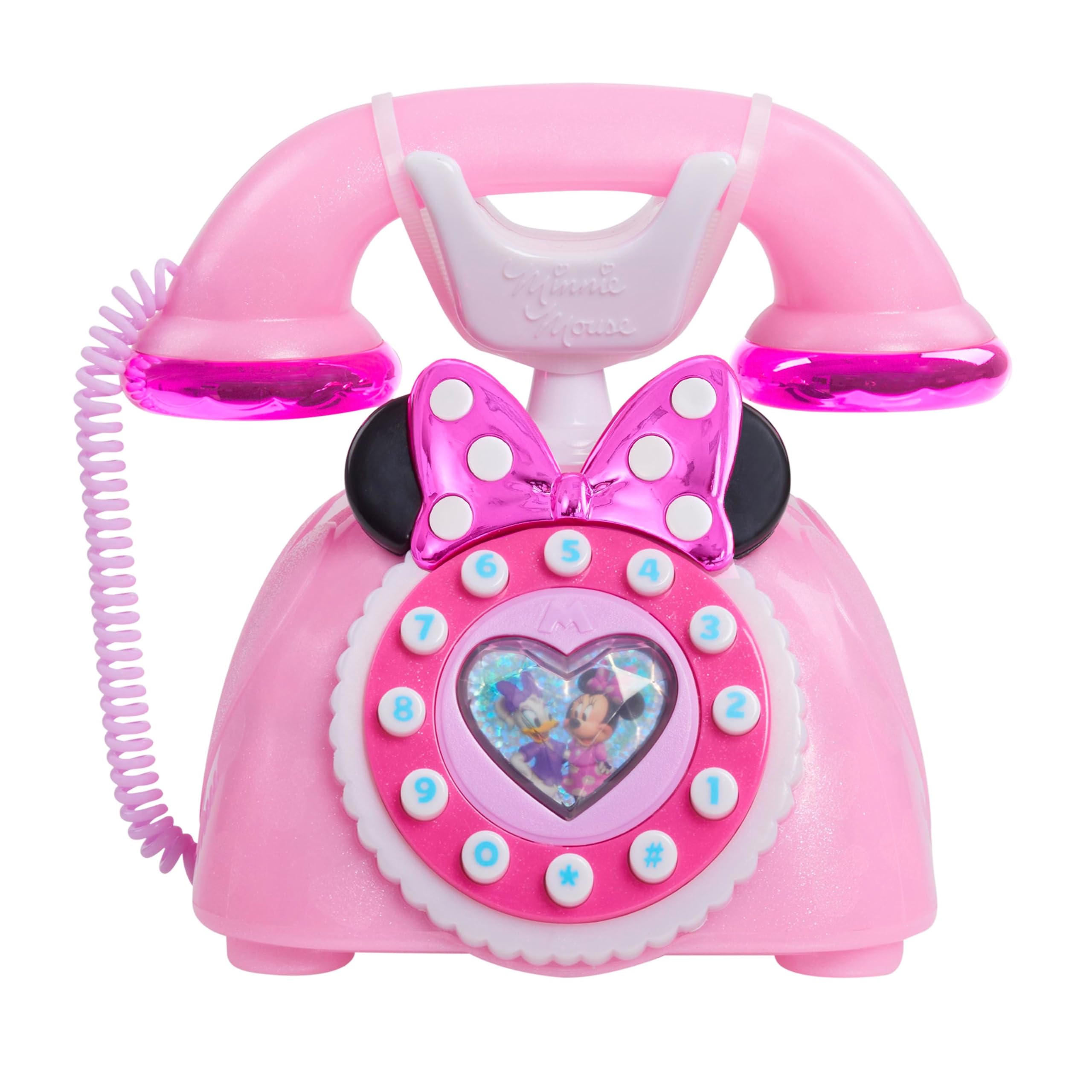 Just Play Minnie Mouse Ring Me Rotary Phone in iridescent pink, ideal for imaginative chats.
