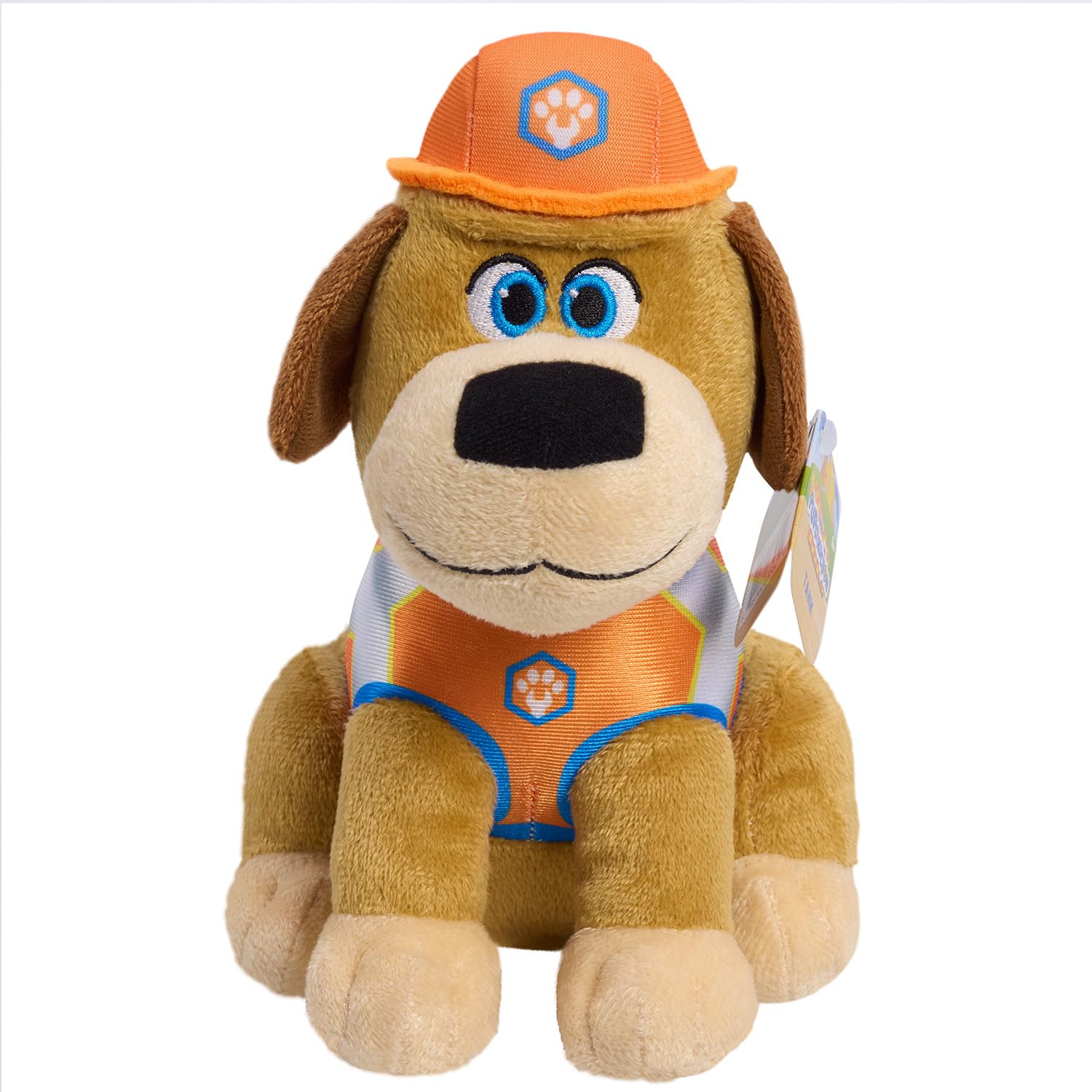 Just Play Pupstruction Tank plush face close-up with soft tan fur and friendly eyes for cuddles.