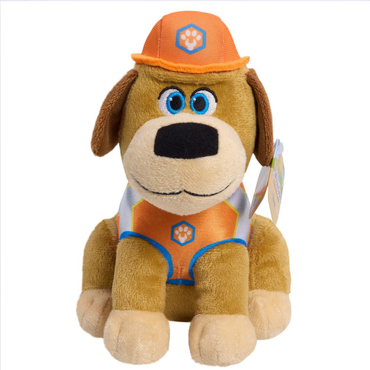 Just Play Pupstruction Tank plush face close-up with soft tan fur and friendly eyes for cuddles.