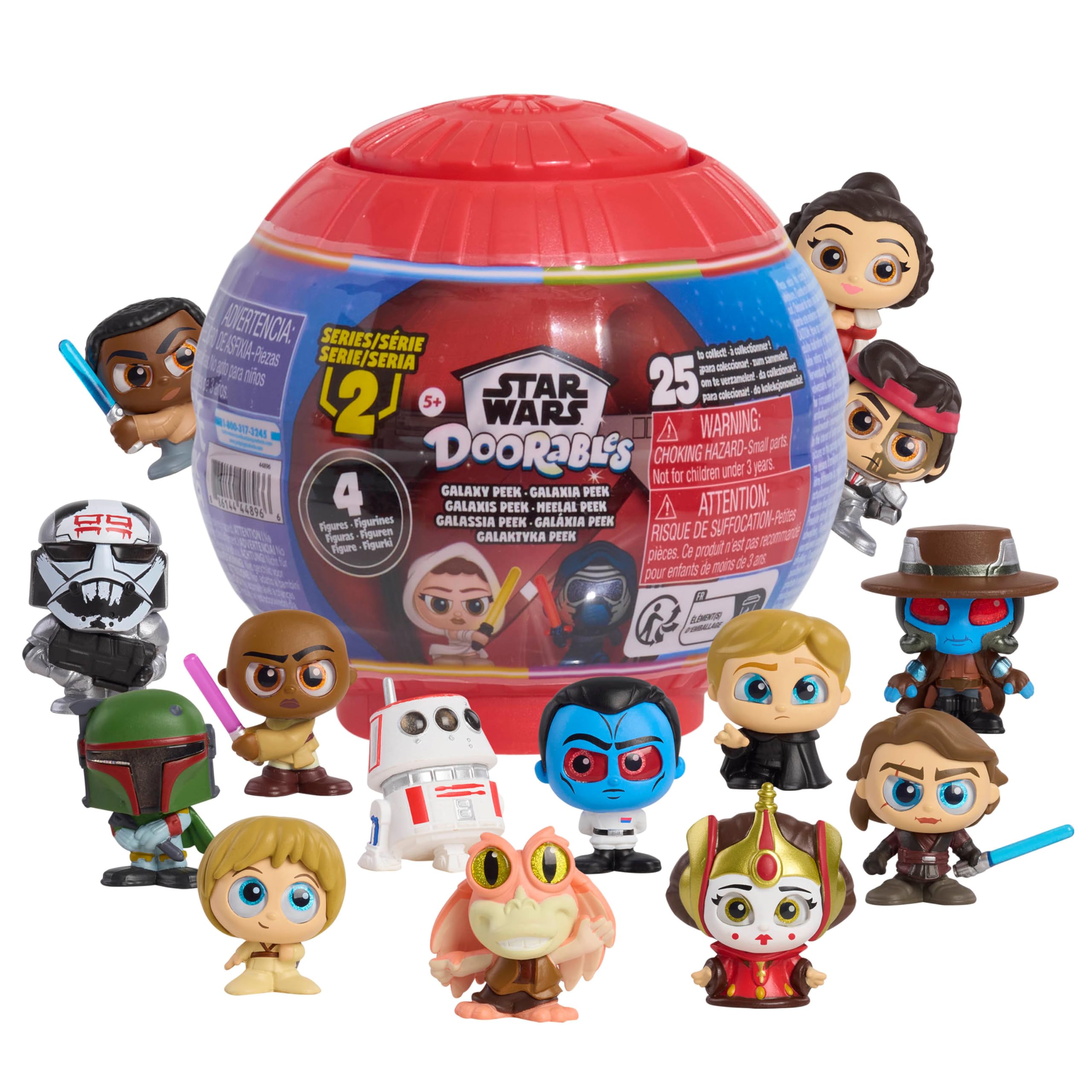 Just Play Star Wars Doorables Galaxy Peek Series 2 capsule displaying four mini figures on shelves at home