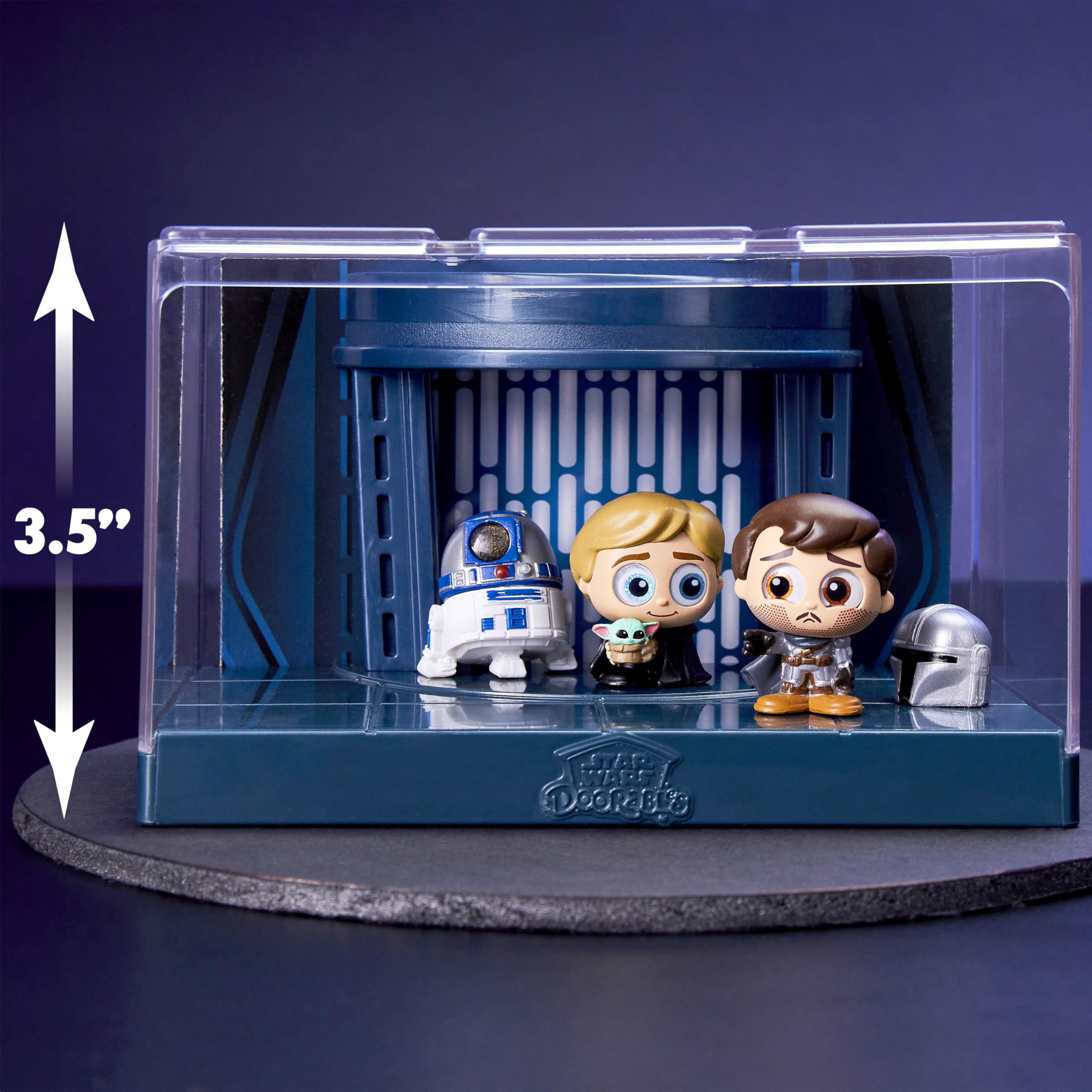 Just Play Star Wars Doorables mini figures close-up with glittery eyes for display.