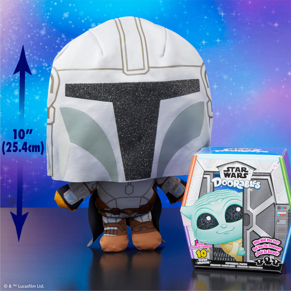 Just Play Star Wars Doorables Puffables Grogu 10-inch plush featuring glittery eyes for collectibility.
