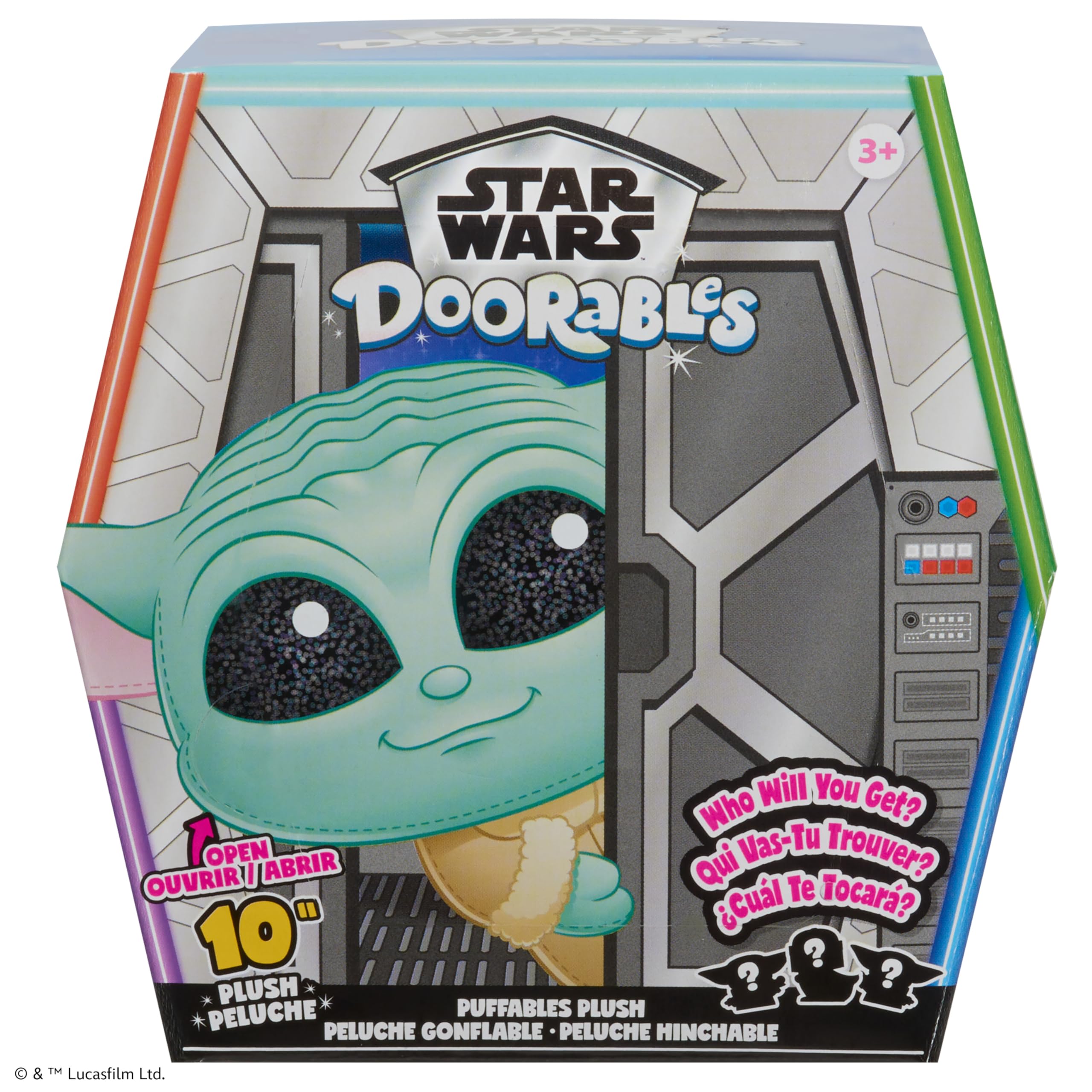 Just Play Star Wars Doorables Puffables Mandalorian 10-inch plush with soft fur for cuddling.