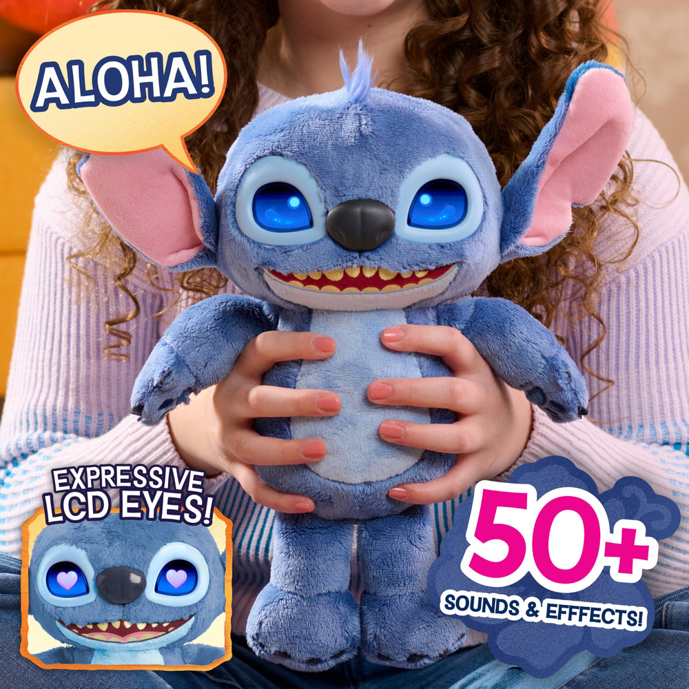Just Play Stitch mood eyes respond to touch for interactive storytelling.