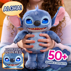 Just Play Stitch mood eyes respond to touch for interactive storytelling.