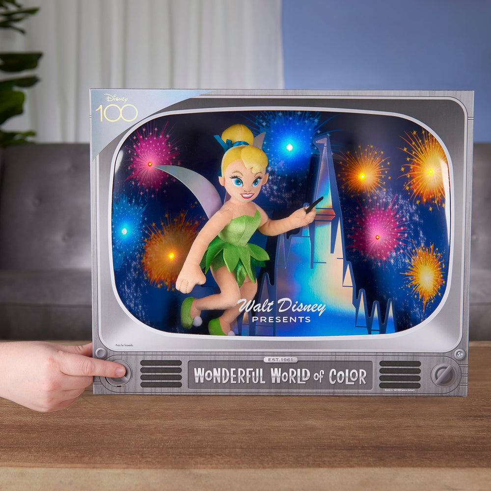 Just Play Tinker Bell plush diorama wand close-up, exciting color effects for kids.