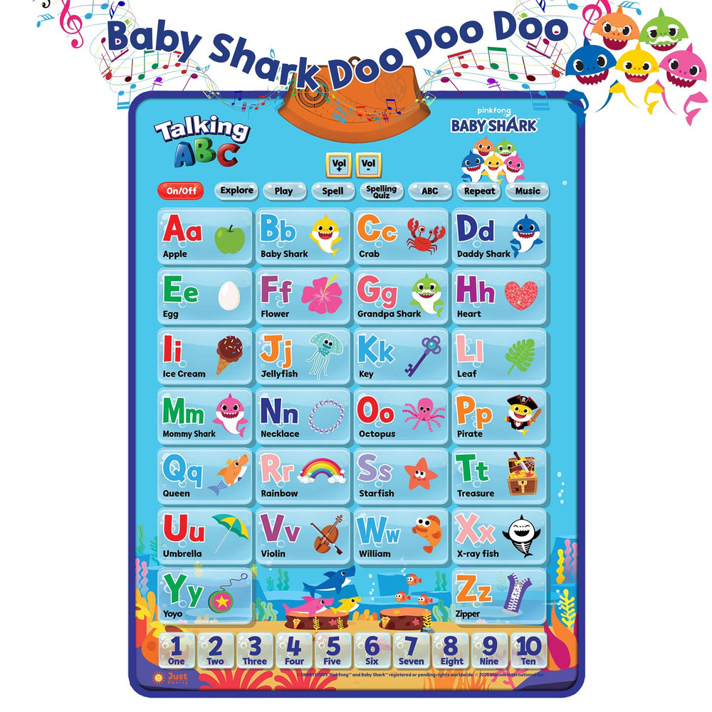 Just Smarty Baby Shark poster features songs for interactive play and learning.