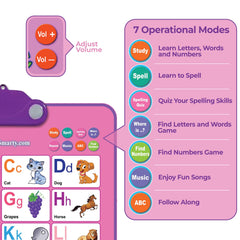 Just Smarty Interactive Alphabet Wall Chart runs on batteries with auto-off to save power.