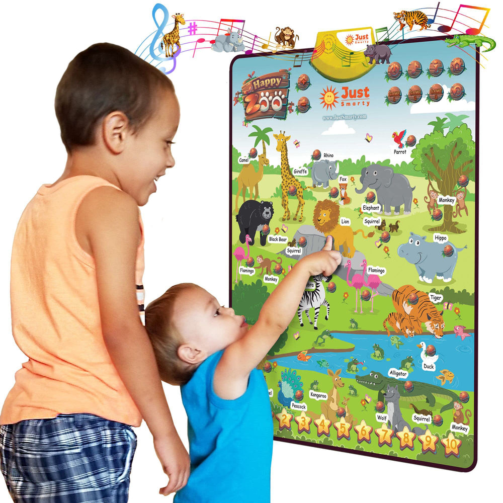 Just Smarty Zoo Animals poster featuring colorful animals for early learning.