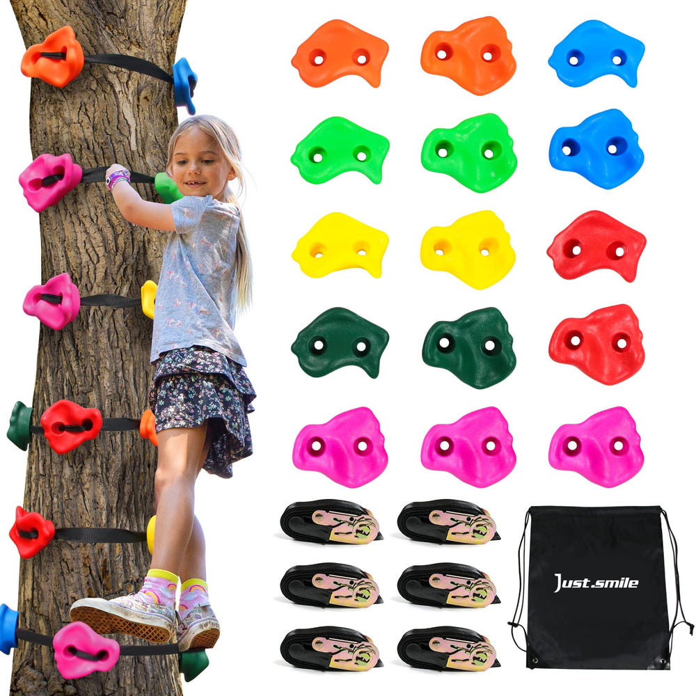 Just.smile climbing holds on tree rocks improve kids' grip and balance.