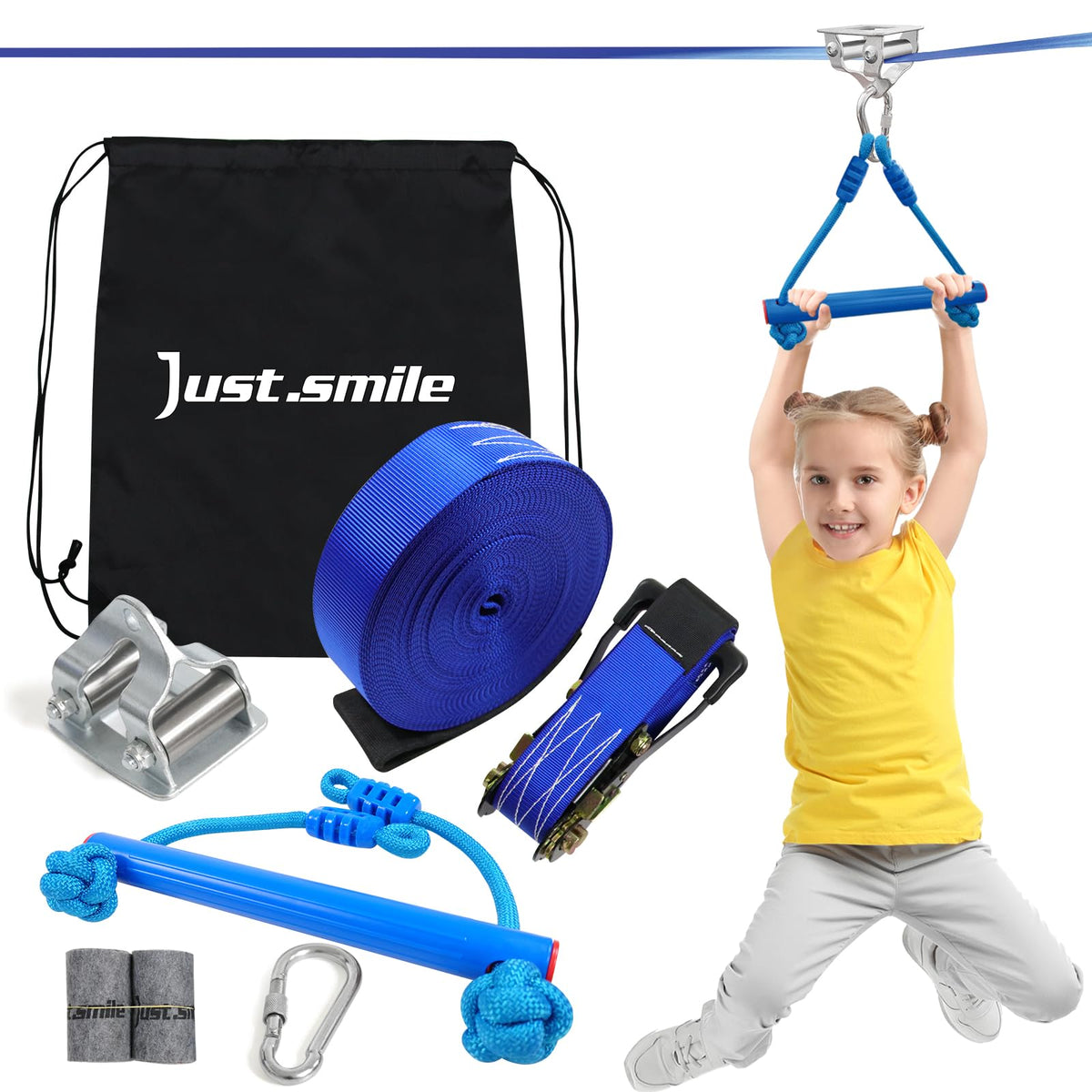 Just.smile zipline kit kids seat ready for a smooth, thrilling backyard glide.