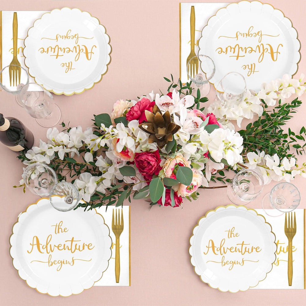 Justforjoyful adventure begins plates highlight scalloped edges and luxury finish.