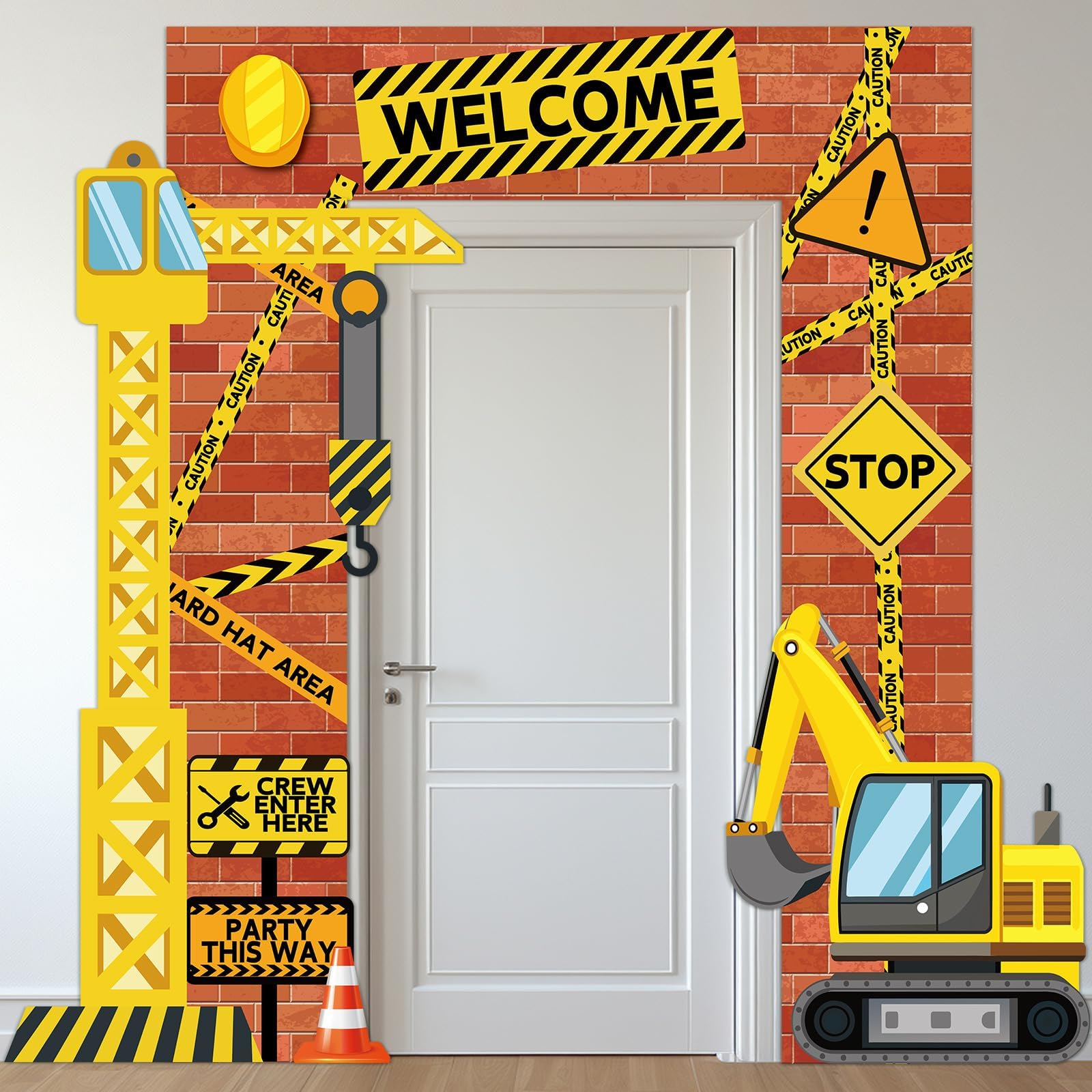 Justforjoyful construction porch sign banner set with cranes and excavators for a vibrant party backdrop.