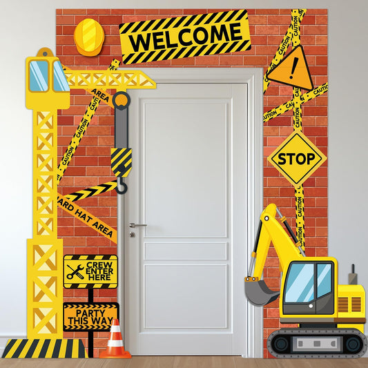 Justforjoyful construction porch sign banner set with cranes and excavators for a vibrant party backdrop.