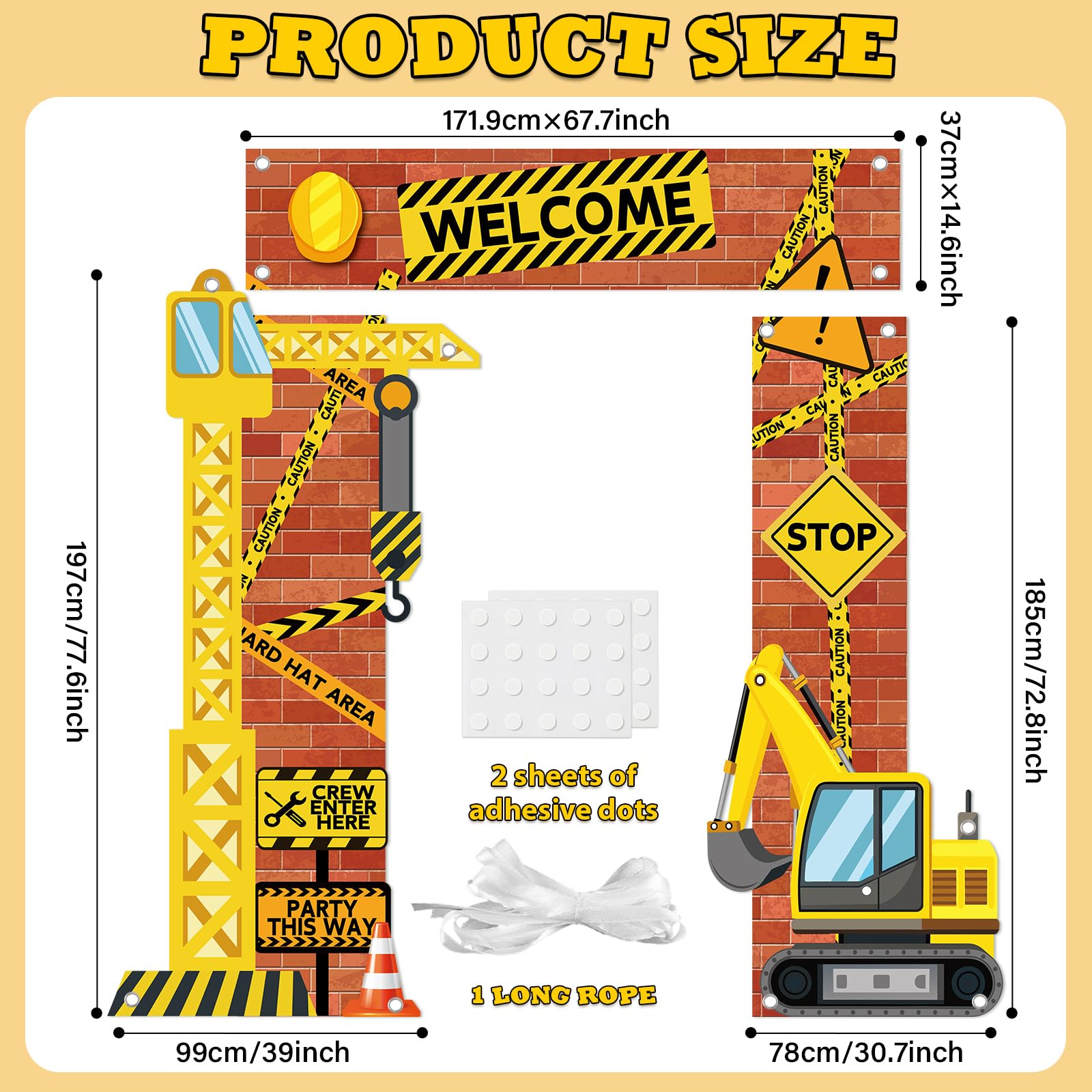 Justforjoyful construction sign featuring cranes and excavators for energetic celebrations.