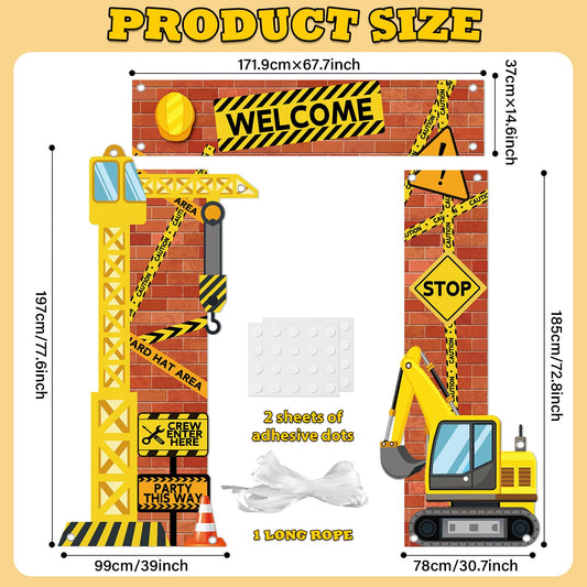 Justforjoyful construction sign featuring cranes and excavators for energetic celebrations.