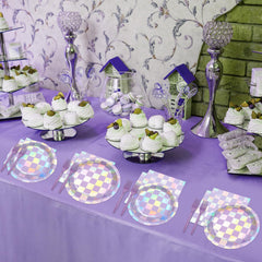 Justforjoyful iridescent party tableware set simplifies quick setup for stylish celebrations.