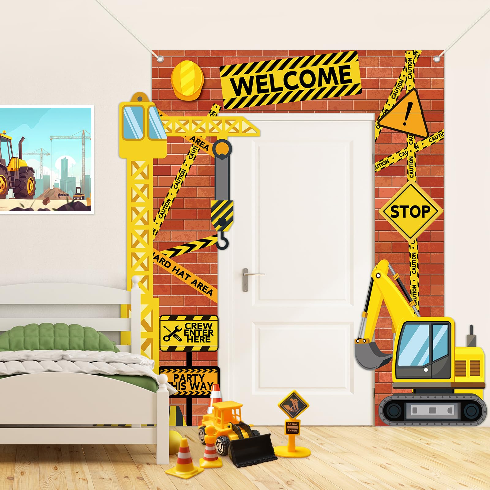 Justforjoyful construction backdrop with bright colors supports fun photo sessions.