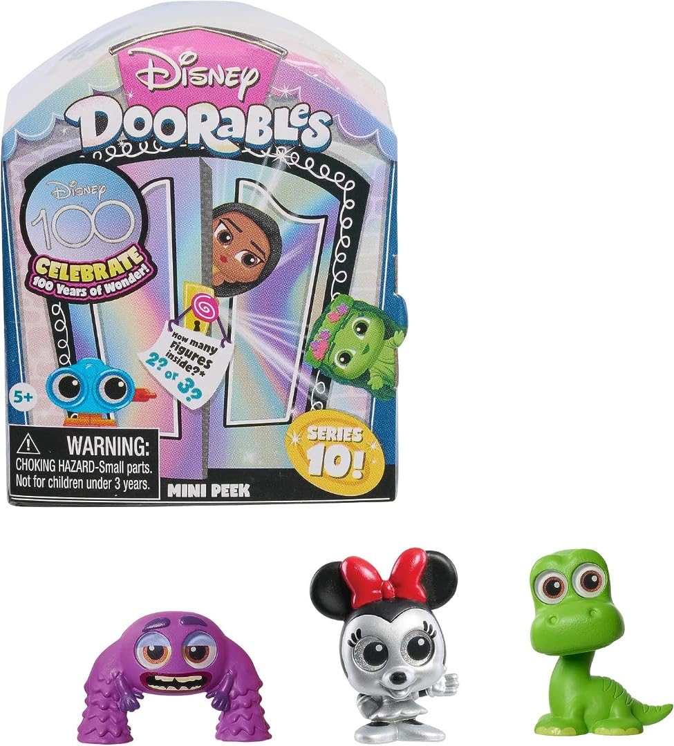 Just Play Disney Doorables Mini Peek Series 10 figures inside highlight collectible designs for display.