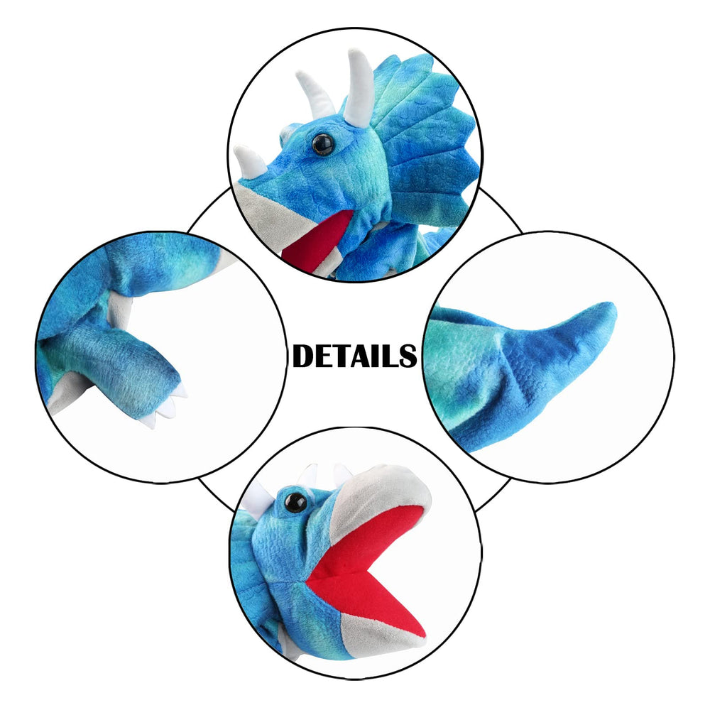 JUSTQUNSEEN dinosaur hand puppet shows back scales for realistic, playful design.