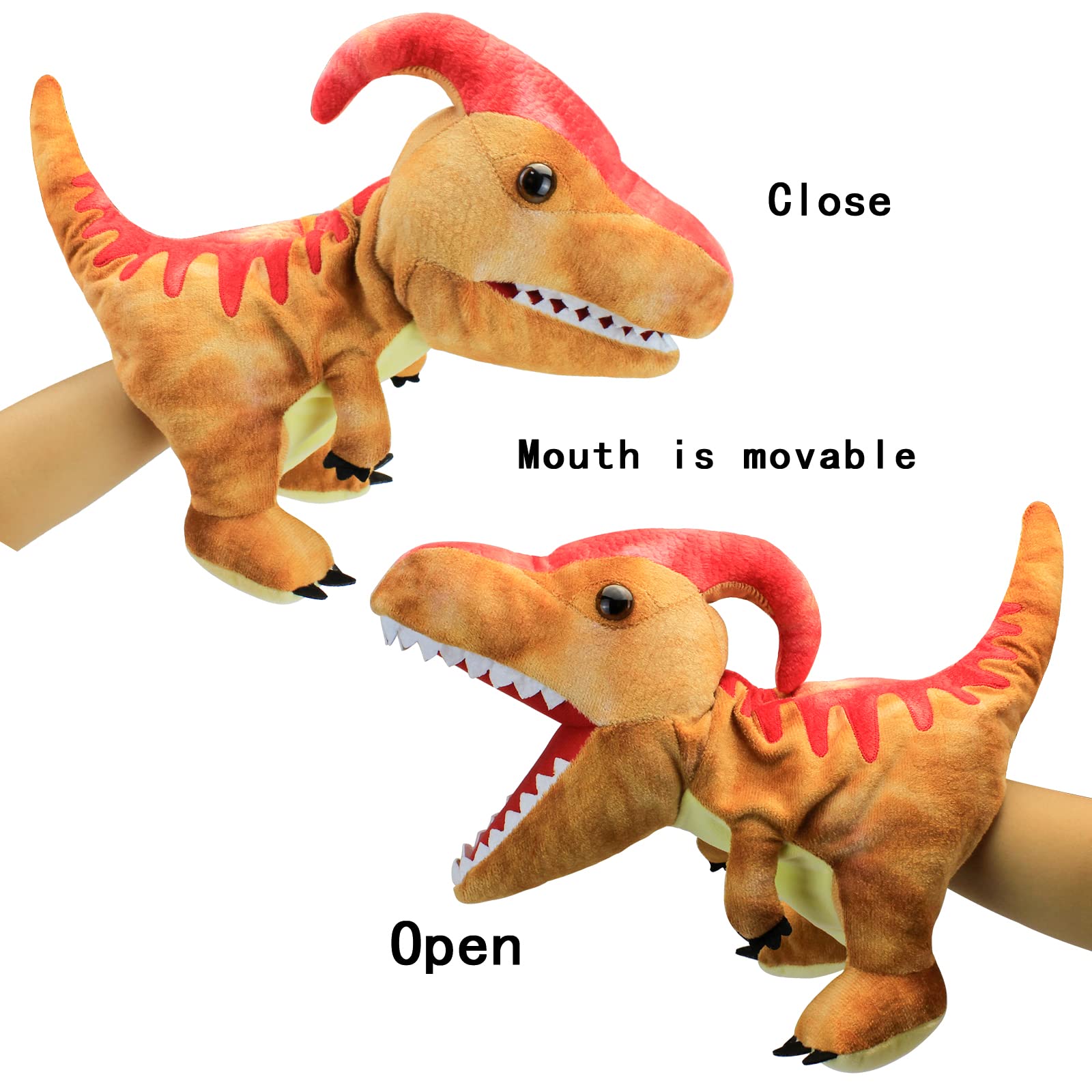JUSTQUNSEEN plush dinosaur puppet with detailed features for performances.