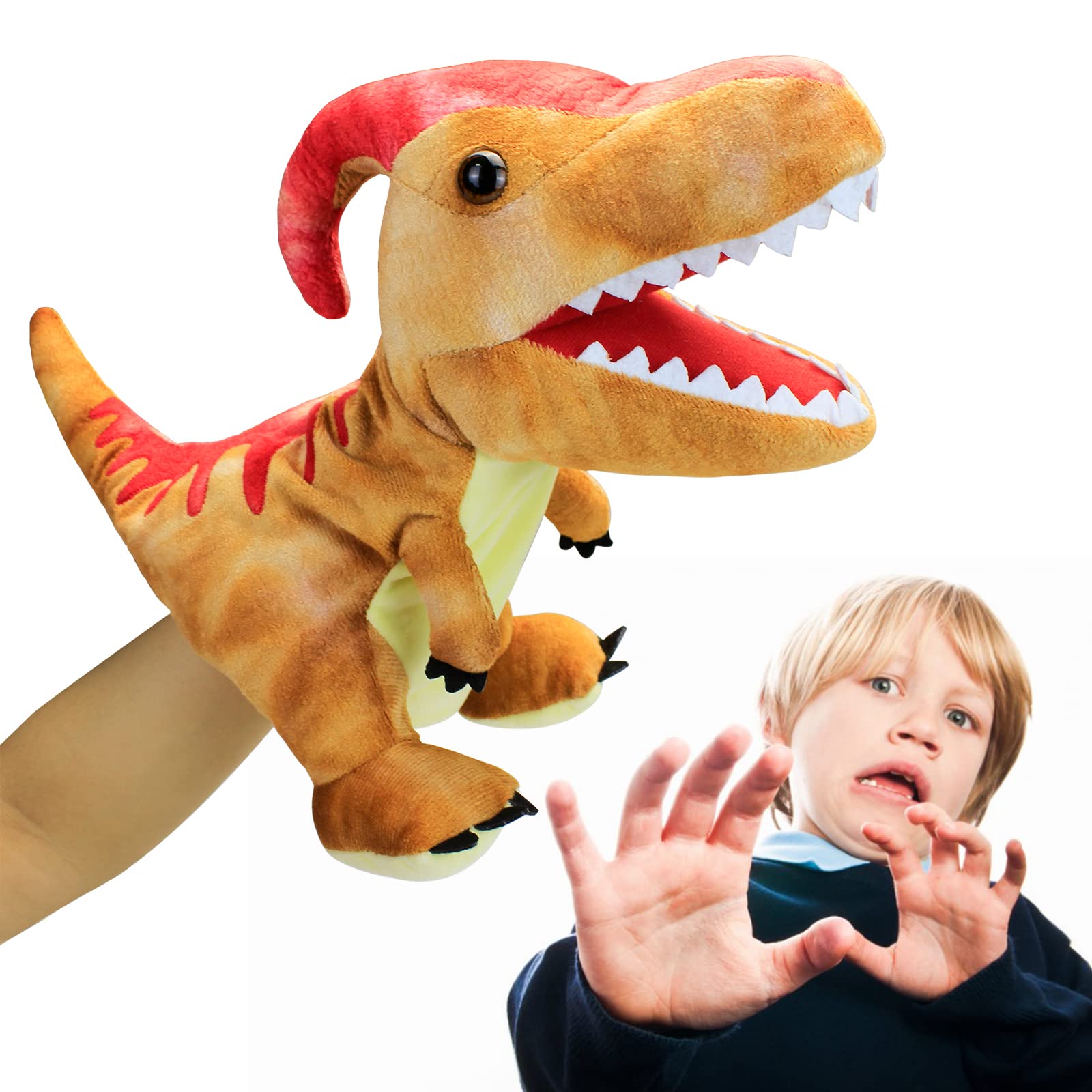 JUSTQUNSEEN kid friendly dinosaur puppet great for parent child role play.