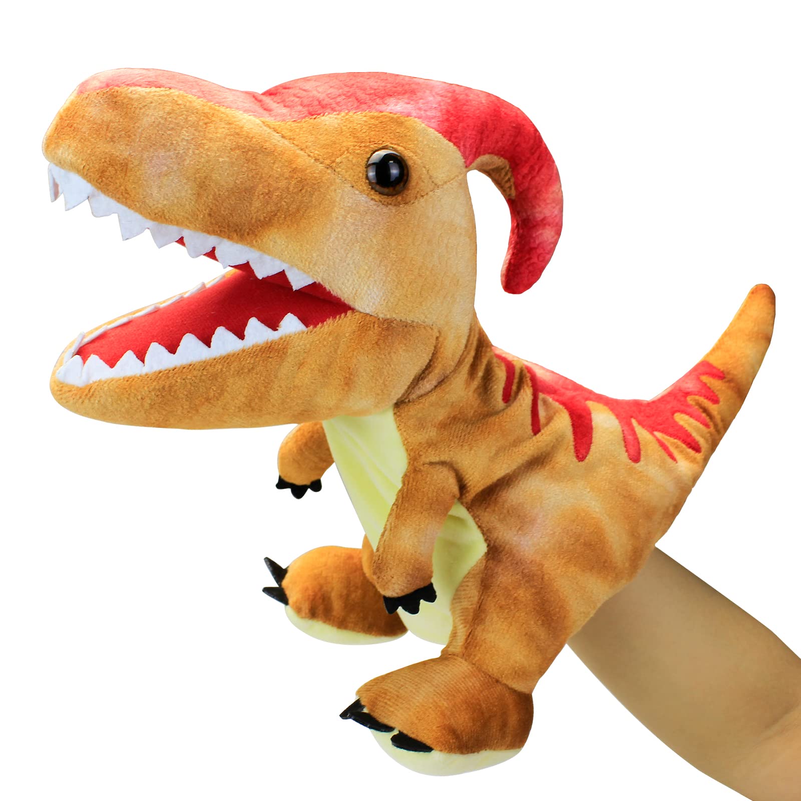 JUSTQUNSEEN dinosaur hand puppet in natural color for imaginative storytelling.