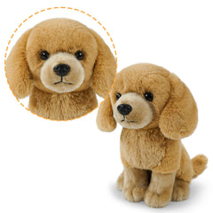 Close-up of JUSTQUNSEEN Golden Retriever plush with soft faux fur for cozy hugs