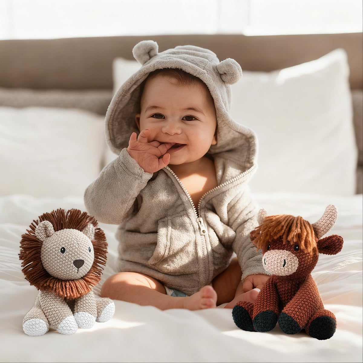 JUSTQUNSEEN Lion stuffed animal bedtime scene suggests comforting night-time companion