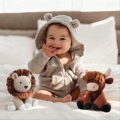 JUSTQUNSEEN Lion stuffed animal bedtime scene suggests comforting night-time companion