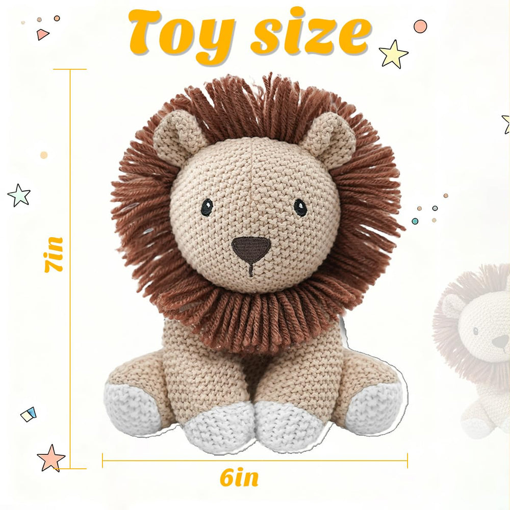 JUSTQUNSEEN Lion stuffed animal side view highlights compact 8-inch size for cozy cradling