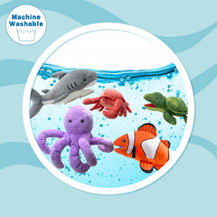 JUSTQUNSEEN shark puppet in soft plush fabric for safe kids' play