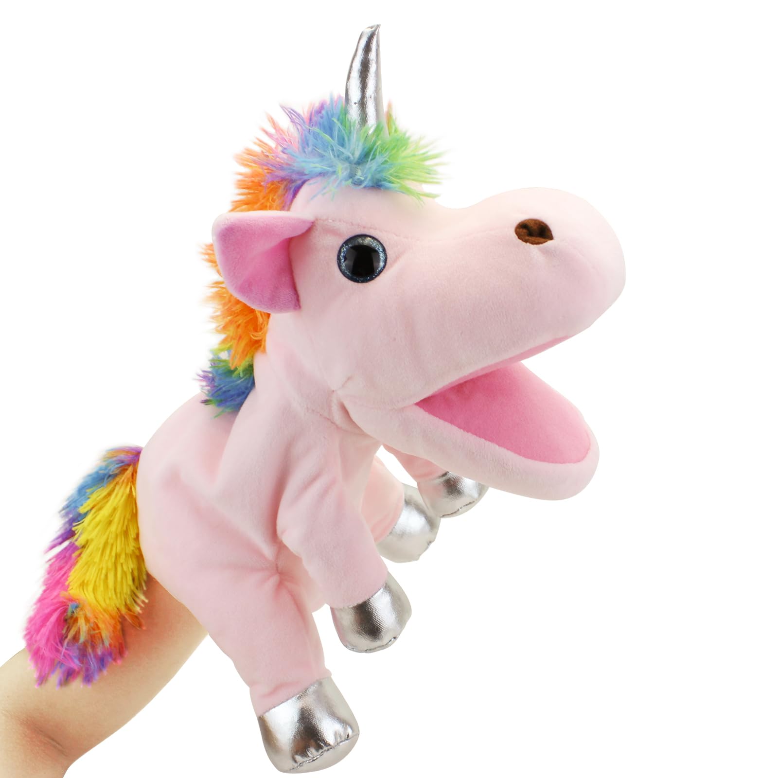 JUSTQUNSEEN unicorn hand puppet face closeup highlights safe, expressive features for kids.