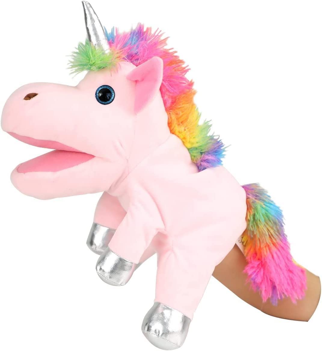 JUSTQUNSEEN unicorn hand puppet with pink body inviting gentle, imaginative play.
