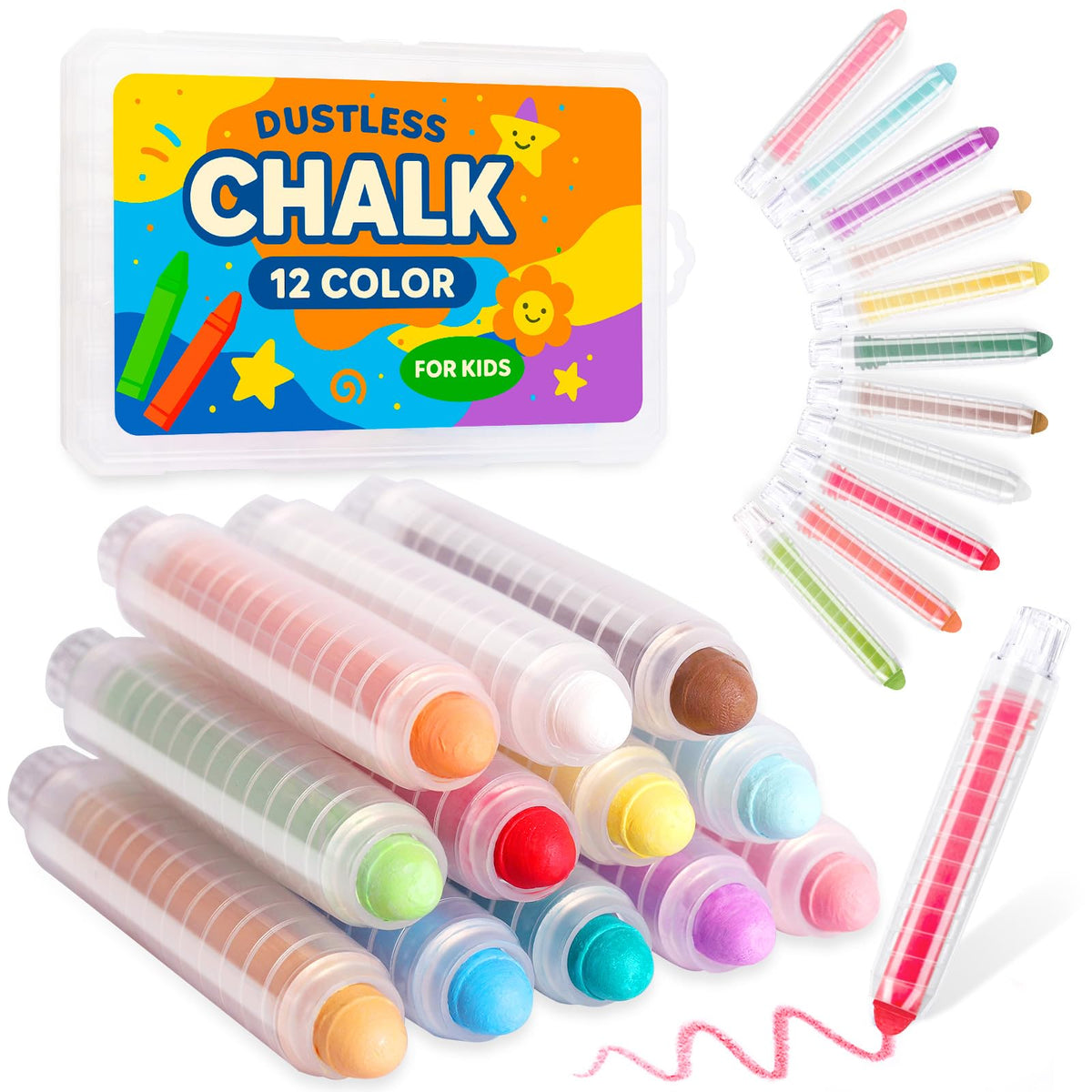 JustRed dustless chalk 12 colors in a box for vibrant, mess-free kid-friendly art indoors or outside.